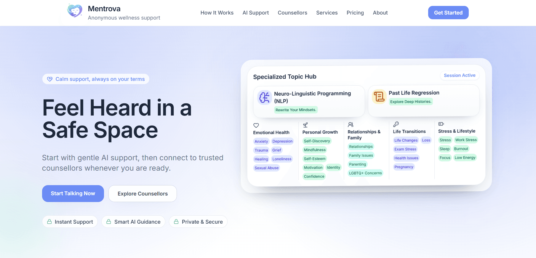 Mentrova Health - Vaurdin portfolio project - Mental wellness and mental health platform with AI-powered emotional support, online counsellor connectivity, and secure telehealth services. React and Node.js web and mobile application.