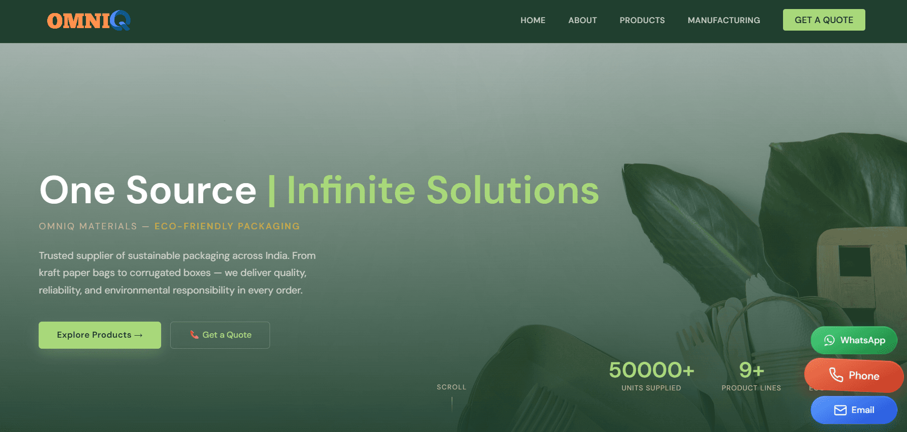 OmniQ Materials - Vaurdin portfolio project - Eco-friendly packaging platform and e-commerce website for sustainable paper bags and industrial packaging solutions across India. Custom web development with product catalog and online ordering.